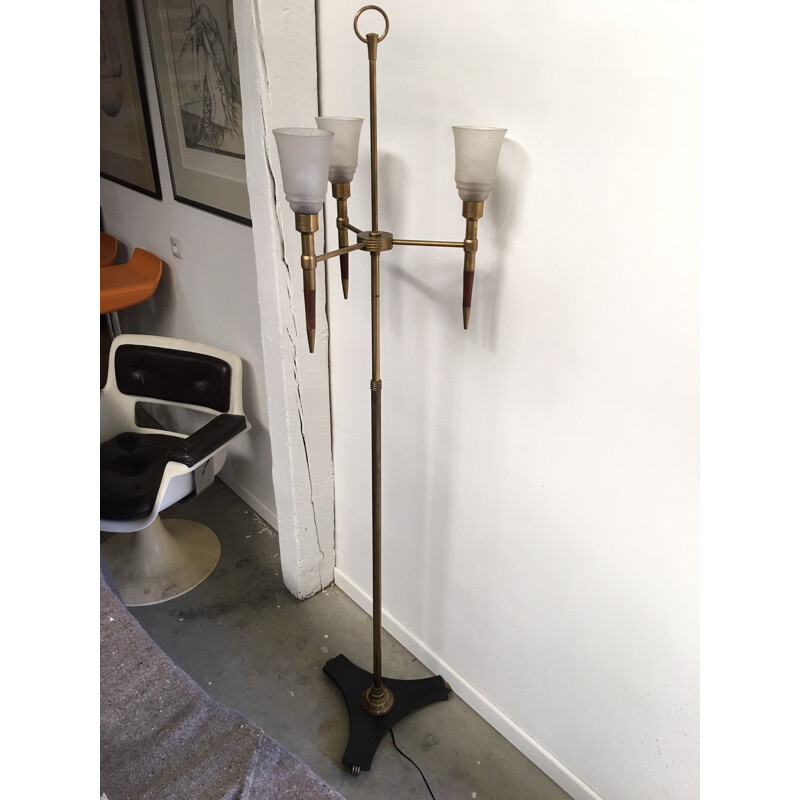 Vintage floor lamp in brass and teak Monix Paris 1960