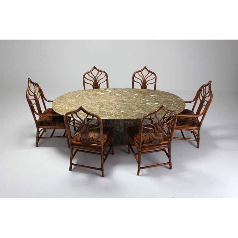 Vintage dining table in Onyx, Gold Leaf, Marble and Brass - 1970s