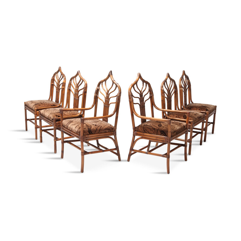 Set of 6 vintage dining chairs in bamboo with Floral Cushions Regency Italian  - 1960s