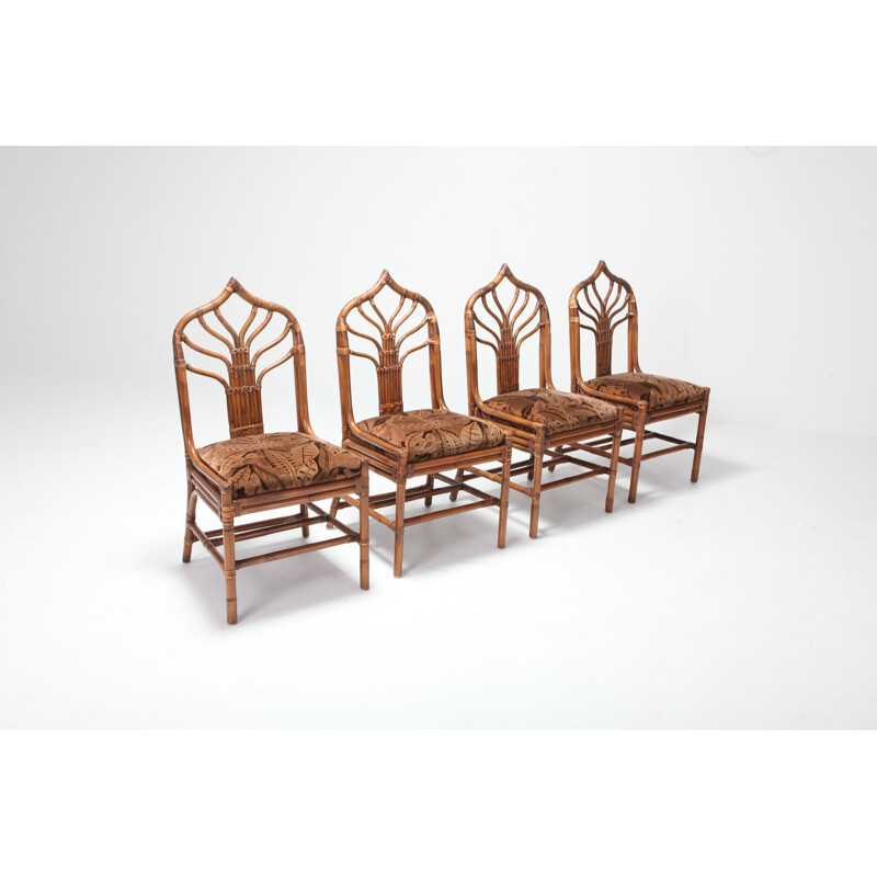 Set of 6 vintage dining chairs in bamboo with Floral Cushions Regency Italian  - 1960s