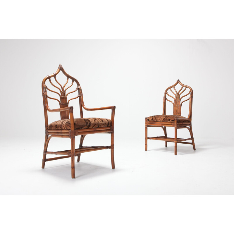 Ensemble de 6 chaises vintage en bambou avec décoration florale Italie- années 1960