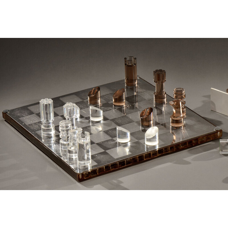 Vintage chess set by Michel Dumas 1970 in resin, steel and Altuglas 1970s