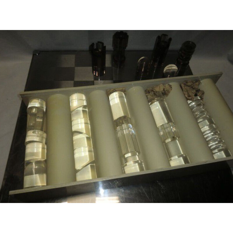 Vintage chess set by Michel Dumas 1970 in resin, steel and Altuglas 1970s