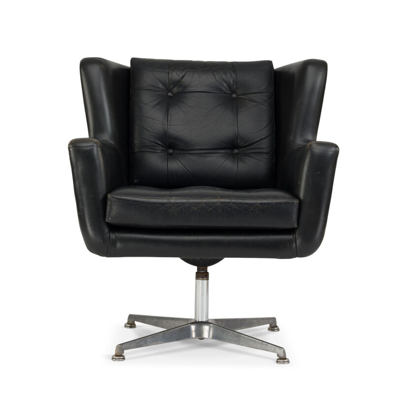 Vintage Danish office armchair in black leather by Skjold Sorensen