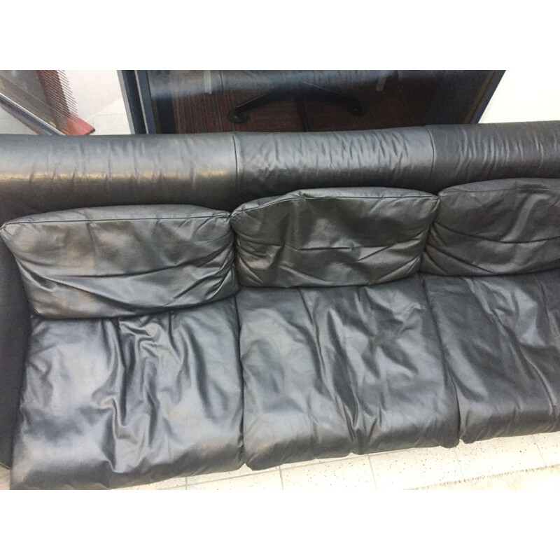 Vintage 3-seater sofa Knoll model Eli by Otto Zapf in black leather 1980