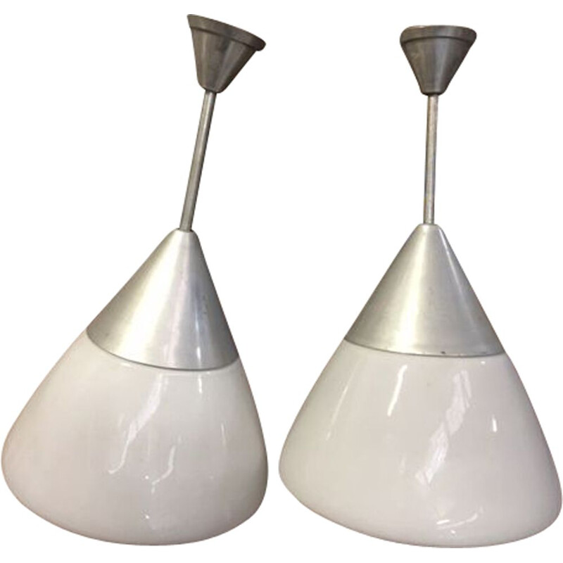 Set of 2 vintage hanging lamp in opaline and aluminium