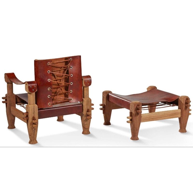 Pair of armchairs and ottomans in tawny leather laced 1960 s
