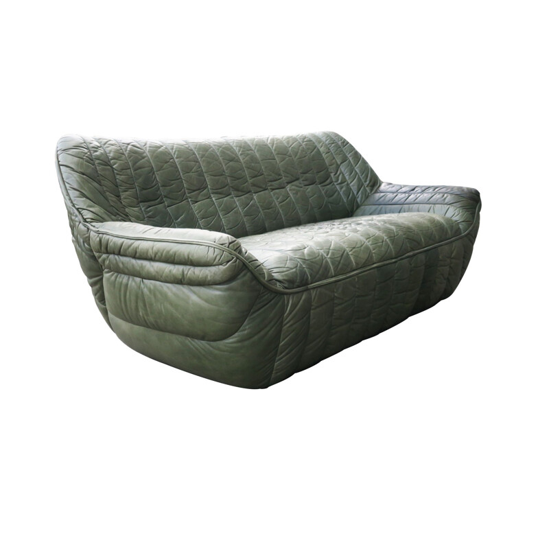 Vintage patchwork olive green leather sofa by Laauser