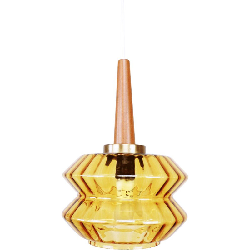 Vintage yellow glass and teak hanging lamp