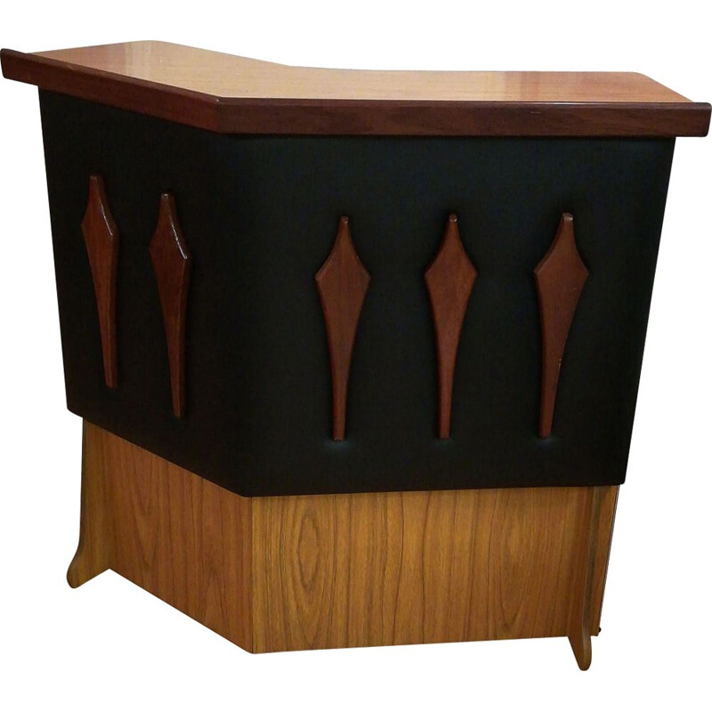 Vintage bar in formica wood and faux black leather
