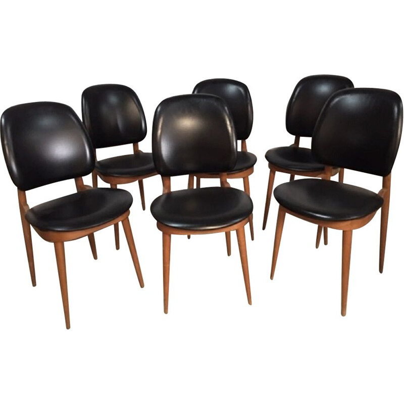 Set of 6 vintage Pegase chairs for Baumann in beech and black leatherette 1960