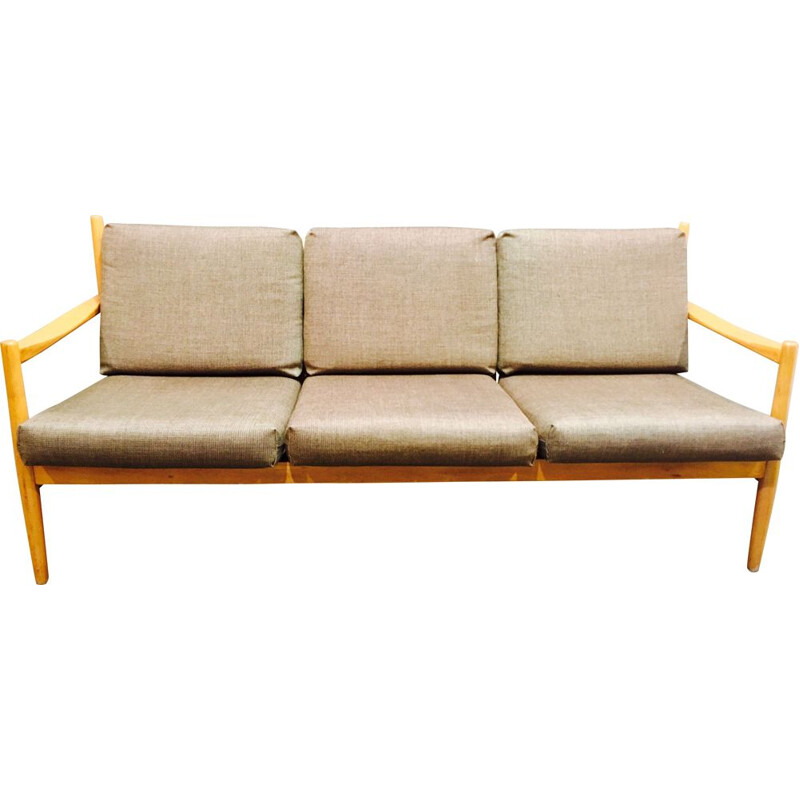 Vintage scandinavian sofa in beech and brown fabric 1960