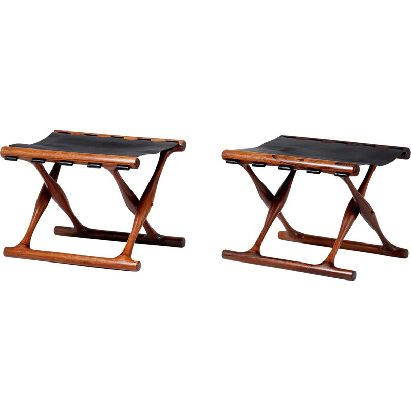 Pair of vintage Poul Hundevad, model 41 folding stools in rosewood and leather