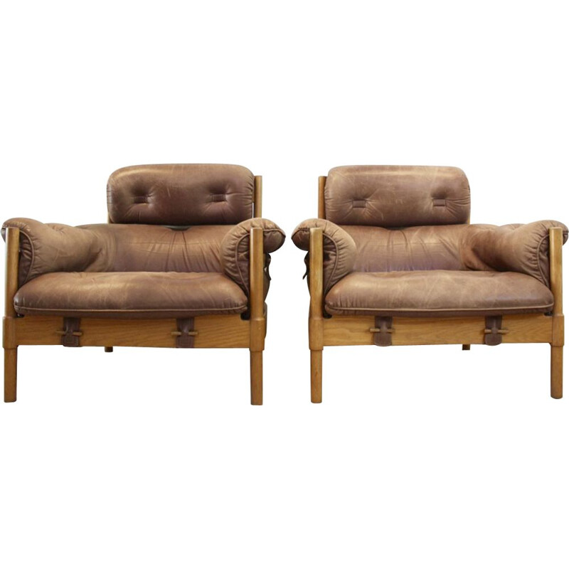 Pair of Vintage armchairs in  Brazilian Oak & Leather, 1970s