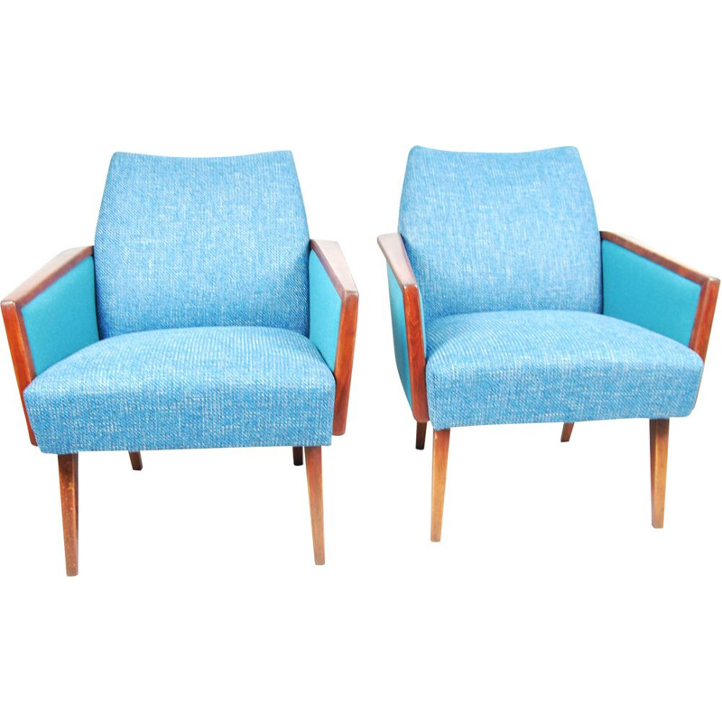 Pair of turquoise club seats reupholstered, Germany 60s