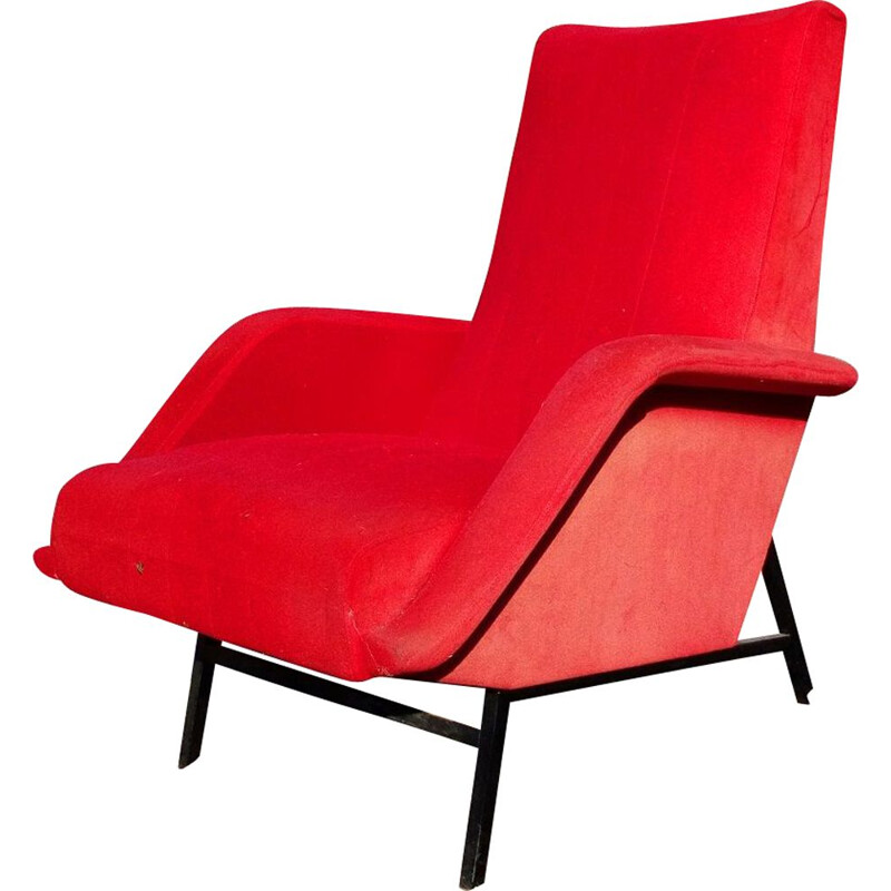 French vintage armchair by Guy Besnard in red fabric 1950