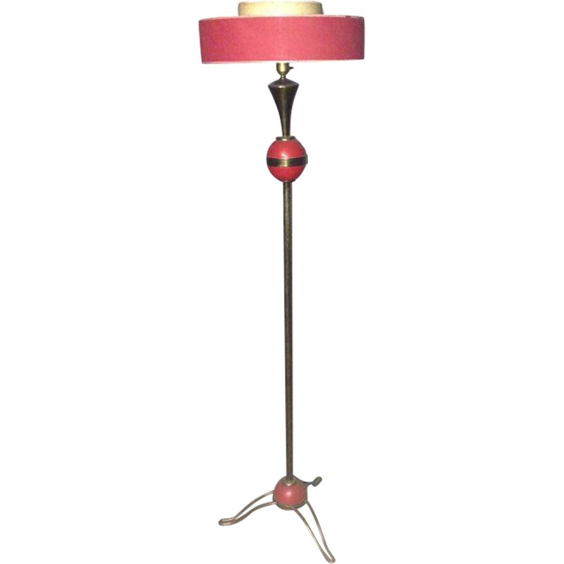 Lampada da terra vintage in ottone rosso, Francia 1950