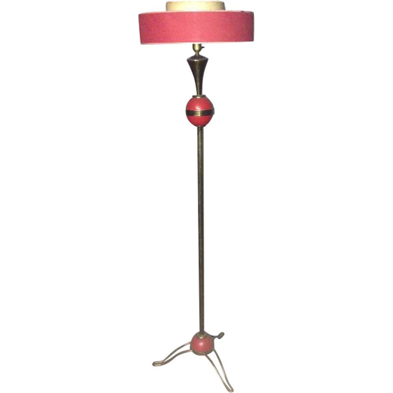 Rote Vintage-Stehlampe aus Messing, Frankreich 1950