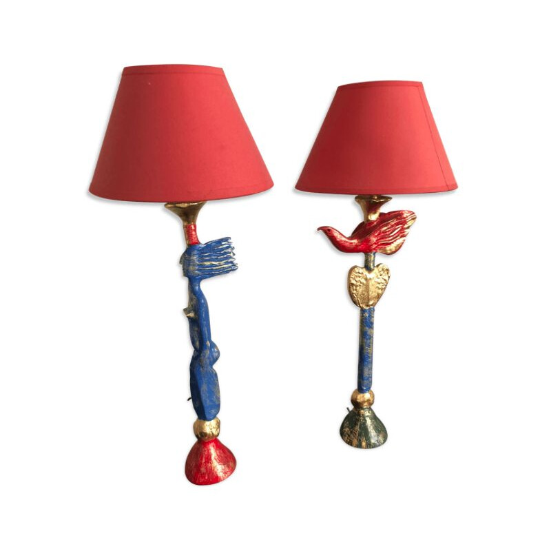 Set of 2 vintage lamps in polychrome bronze by Pierre Casenove for Fondica, 1990