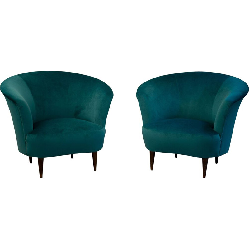 Pair of Italian armchairs in duck blue velvet