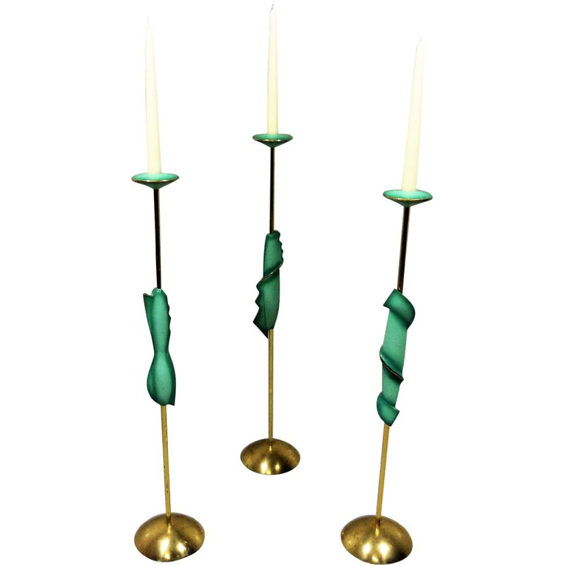 Set of 3 candlesticks in brass and bronze