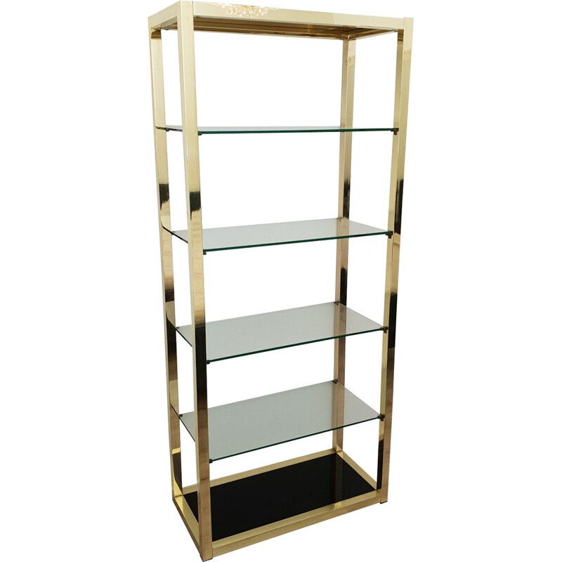 Vintage Italian gold plated shelving unit with clear and black glass