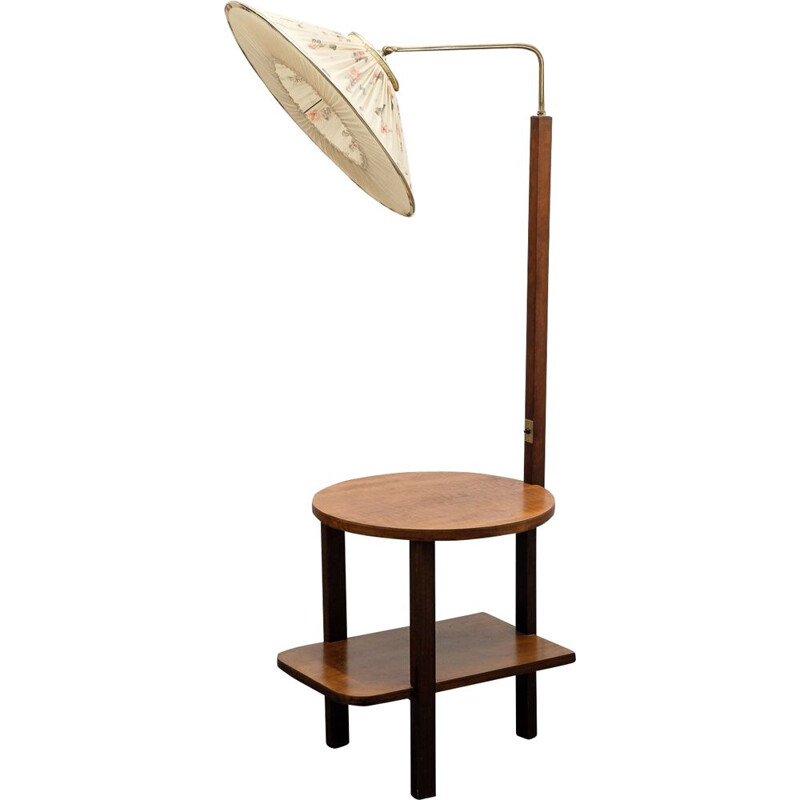 Vintage floor lamp with side table, dark beech, 1950s