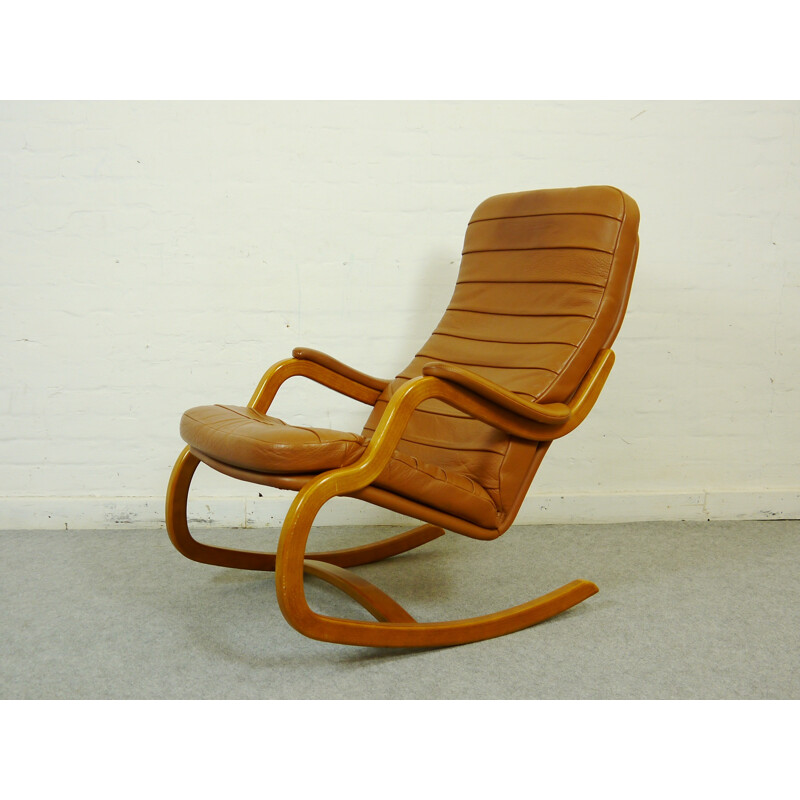 Scandinavian leather and wooden rocking chair, Takashi OKAMURA & Erik MARQUARDSEN - 1980s