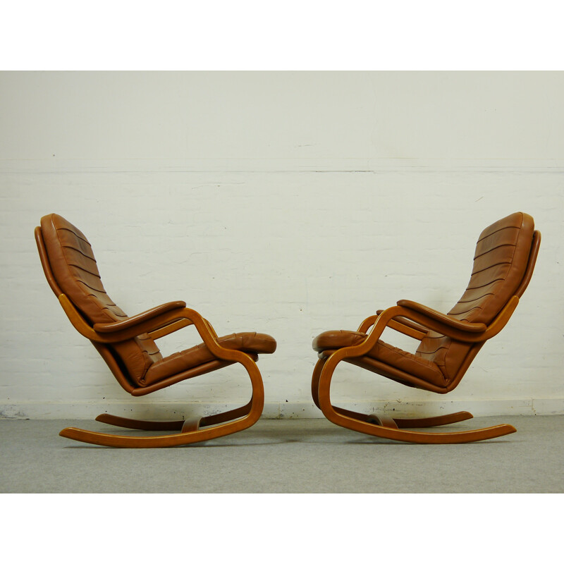 Scandinavian leather and wooden rocking chair, Takashi OKAMURA & Erik MARQUARDSEN - 1980s