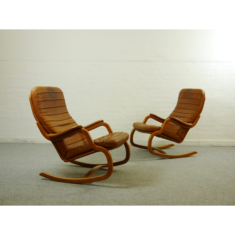 Scandinavian leather and wooden rocking chair, Takashi OKAMURA & Erik MARQUARDSEN - 1980s