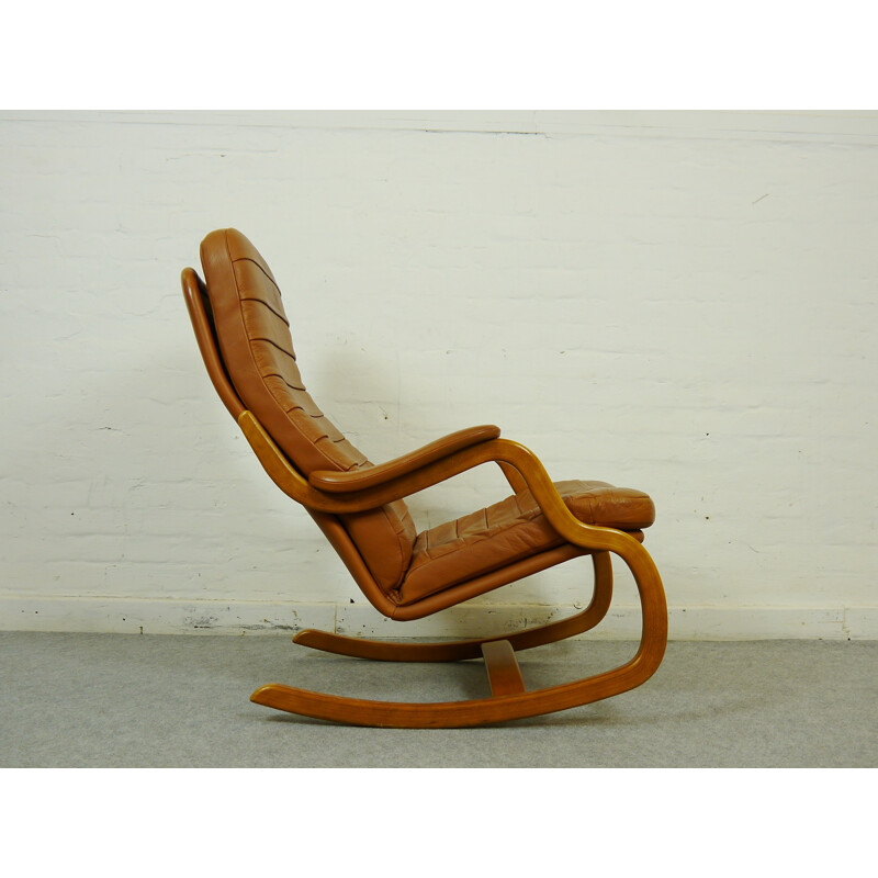 Scandinavian leather and wooden rocking chair, Takashi OKAMURA & Erik MARQUARDSEN - 1980s