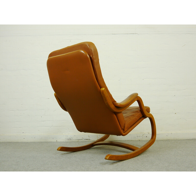 Scandinavian leather and wooden rocking chair, Takashi OKAMURA & Erik MARQUARDSEN - 1980s