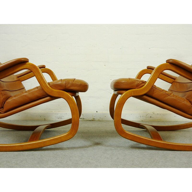 Scandinavian leather and wooden rocking chair, Takashi OKAMURA & Erik MARQUARDSEN - 1980s