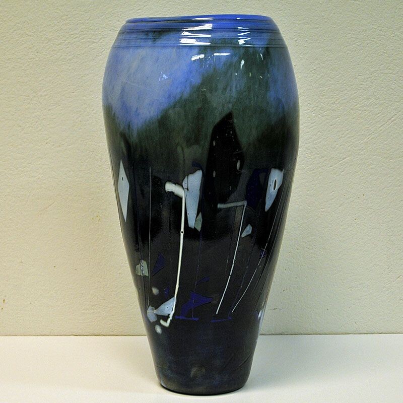 Vintage vase, Large Blue glazed glass by Maud Gjeruldsen Bugge, Norway, 1980s 