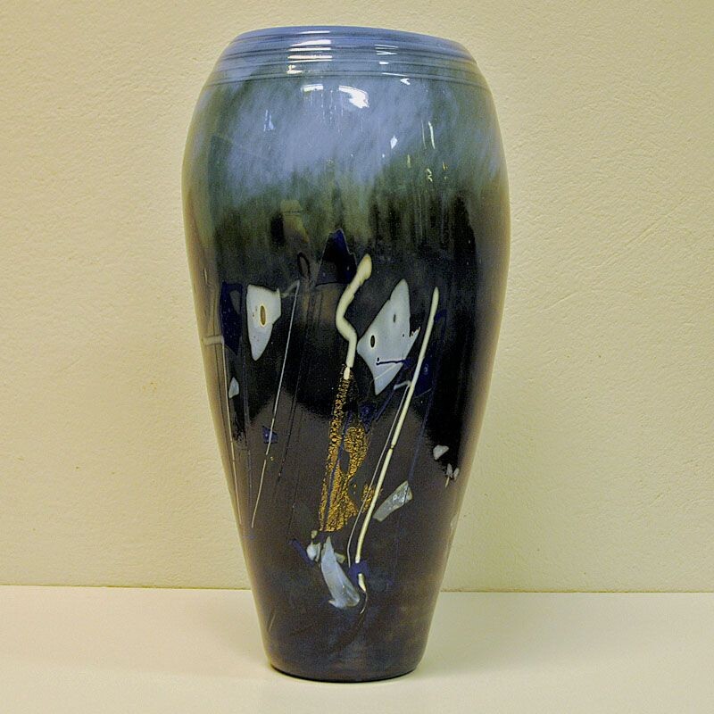 Vintage vase, Large Blue glazed glass by Maud Gjeruldsen Bugge, Norway, 1980s 