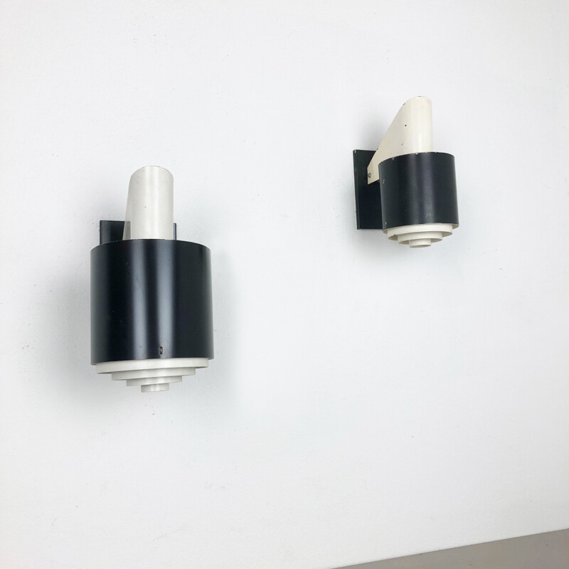 Set of 2 vintage metal wall lights Black + White series by NOVALUX, 1960 