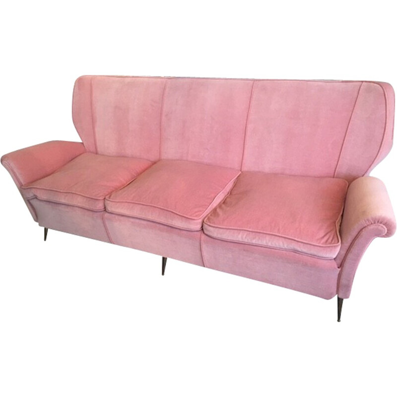 3 seater vintage sofa in brass and pink velvet - 1950s