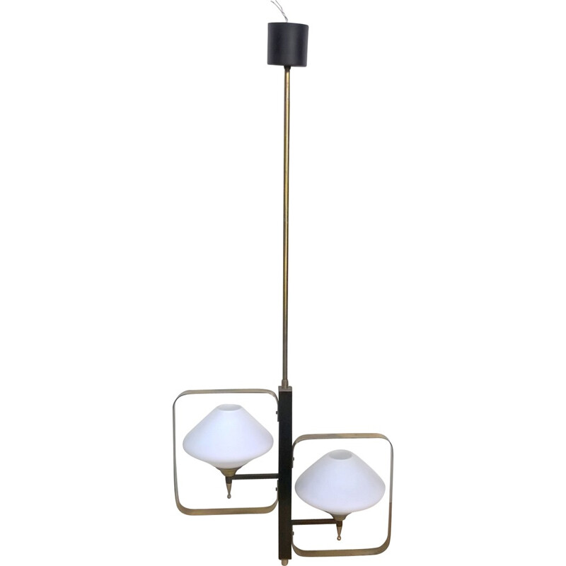 Brass, metal and opaline glass pendant lamp - 1950s