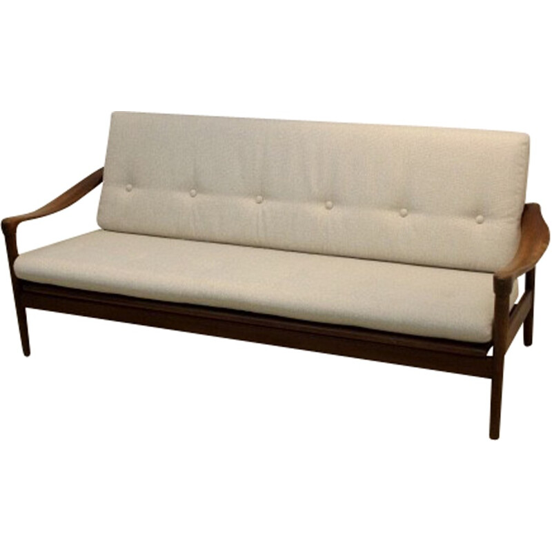 sofá de teca de 3 lugares e tecido bege - 1960