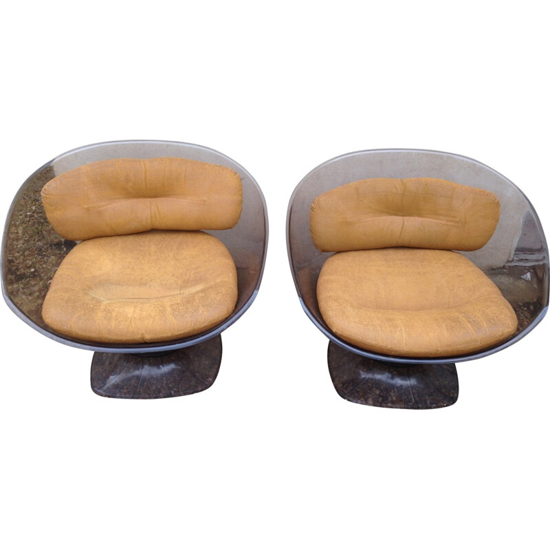Pair of armchairs in plexiglass and leather, RAPHAEL - 1970s