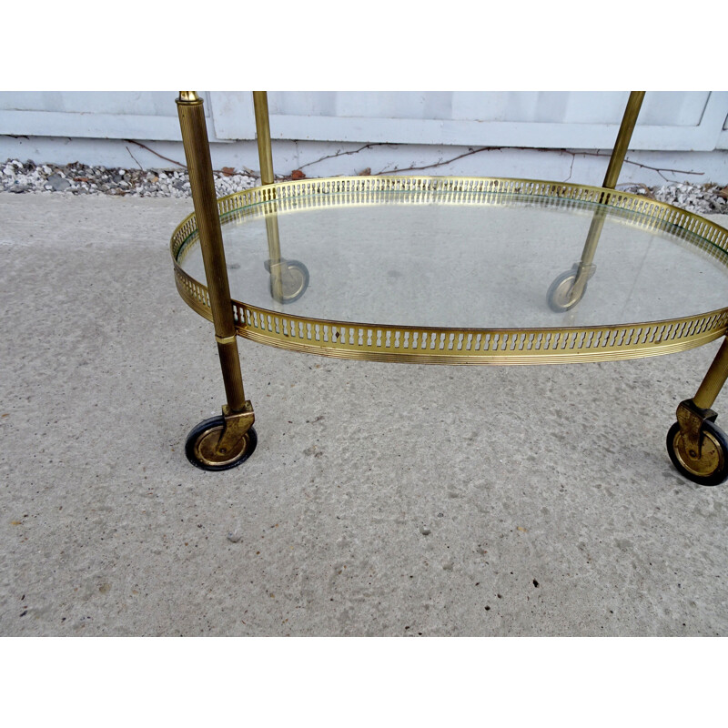 Desserte vintage roulante dorée avec plateaux en verre