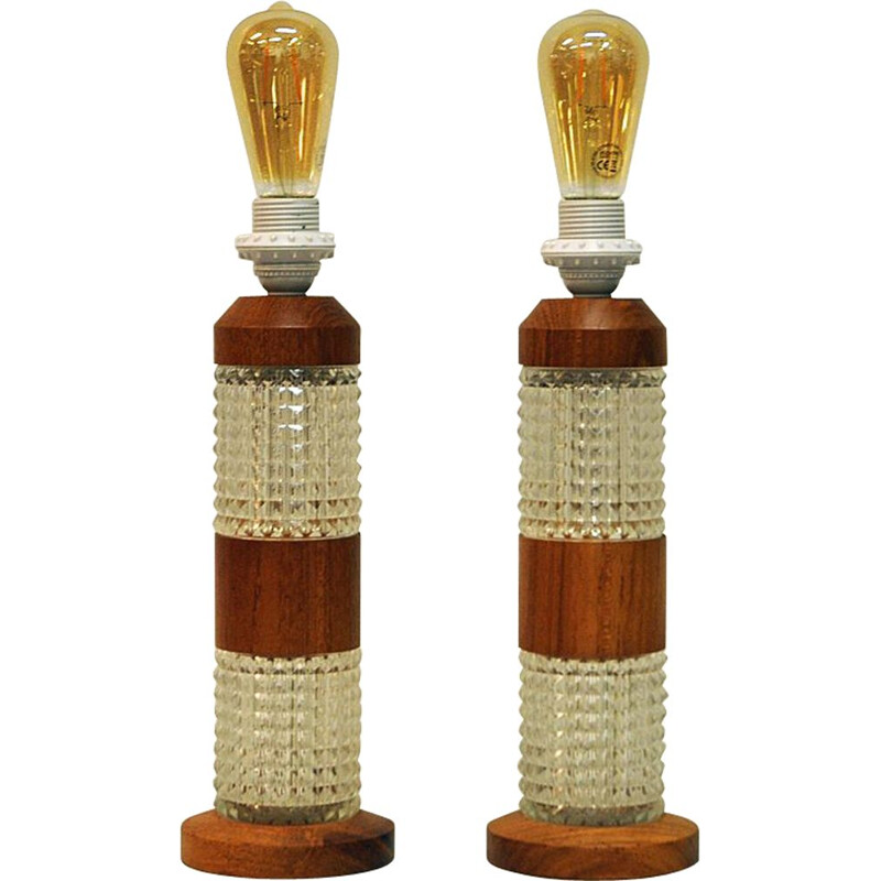 Pair of teak and glass table lamps