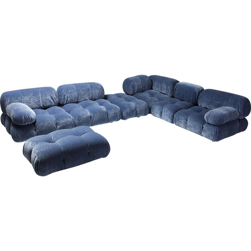 Vintage corner sofa Camaleonda in blue velvet by Mario Bellini, 1970s