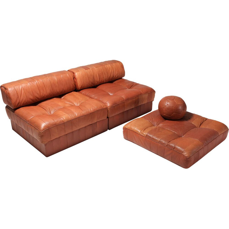 Vintage corner sofa in Cognac Leather Patchwork DS 88 by De Sede, 1970s