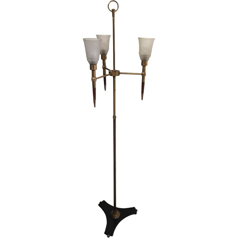 lampadaire vintage tripode Monix en laiton et teck 1960