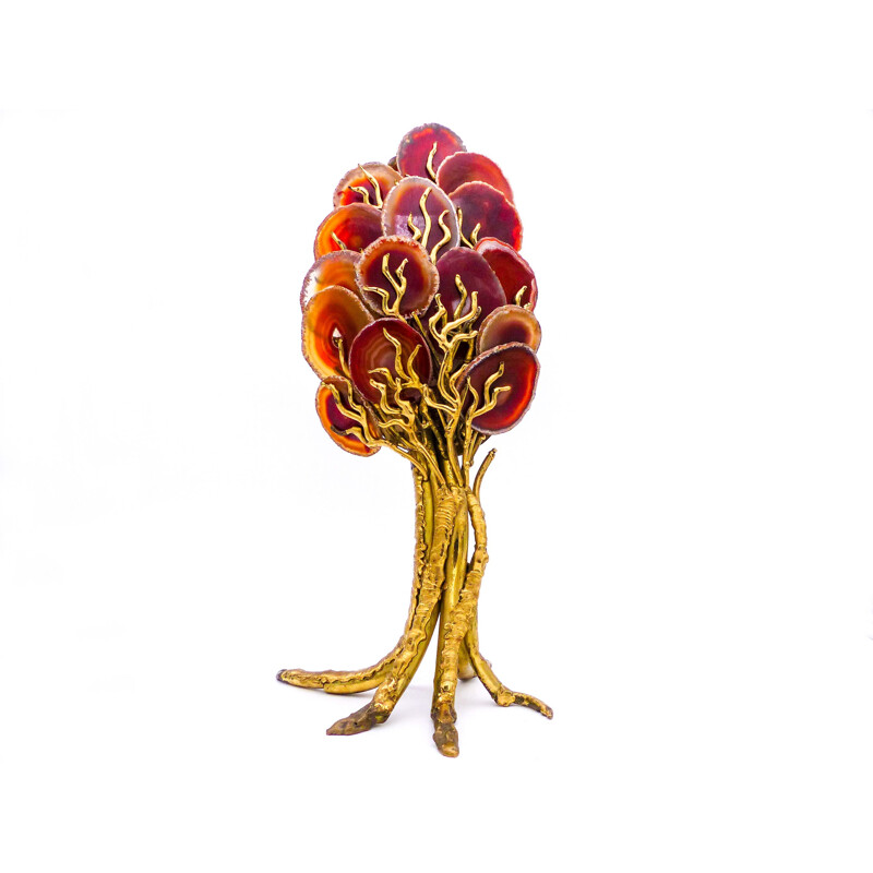 Lampe vintage sculpture arbre en laiton et agate