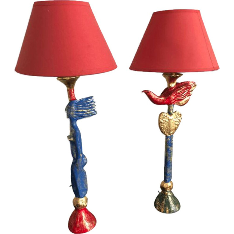 Set of 2 vintage lamps in polychrome bronze by Pierre Casenove for Fondica, 1990