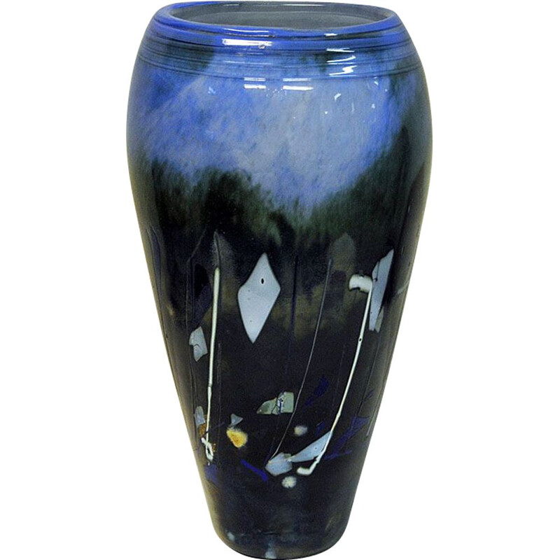 Vintage vase, Large Blue glazed glass by Maud Gjeruldsen Bugge, Norway, 1980s 