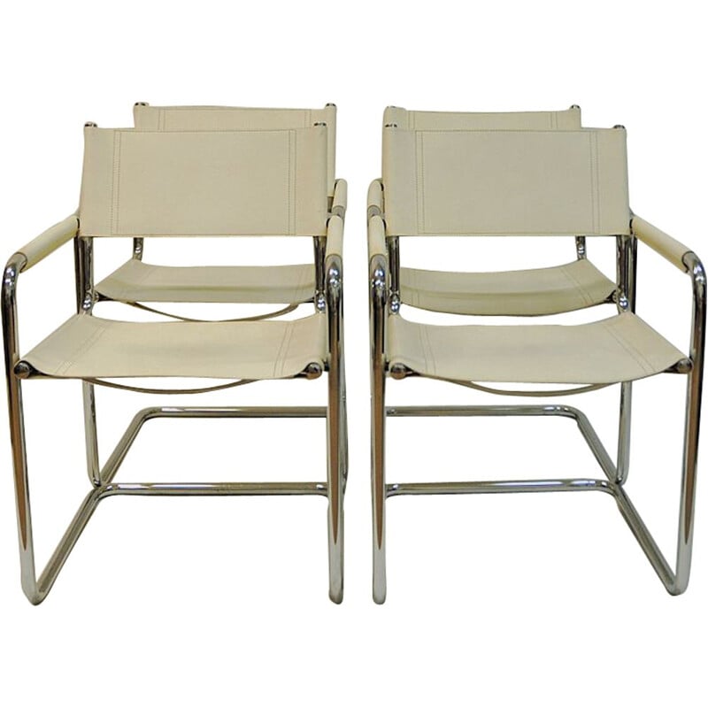 Set of 4 vintage chairs in white Leather  by Linea Veam, Cantilever, Italy, 70s 80s