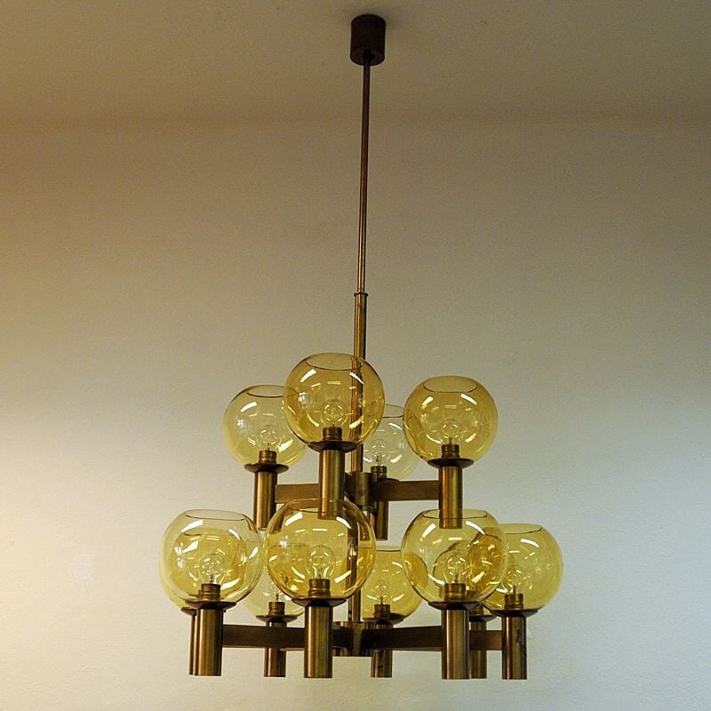 Vintage chandelier of brass and glass 1960